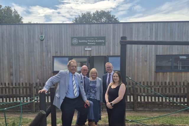 Sir John Hayes MP visits Spalding Primary - L-R Sir John Hayes MP, Andrew Raistrick Executive Headteacher, Helen Banks Chair of Academy Monitoring Committee, Gavin Booth, CEO at Infinity Academies Trust, Victoria Godfrey Nursery Manager