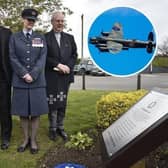 Revd Mike Jones, Sqn Ldr Jane Mannering from 57 Sqn, Cllr Barry Wainwright, Flt Lt Adam Evans, Australian Defence Staff and Flying Officer Tom Longdon from 57 Sqn at the memorial for the crew who lost their lives in the Eastrea Lancaster crash. Inset - the Battle of Britain Memorial Flight's Lancaster - similar to the one flown by the crew