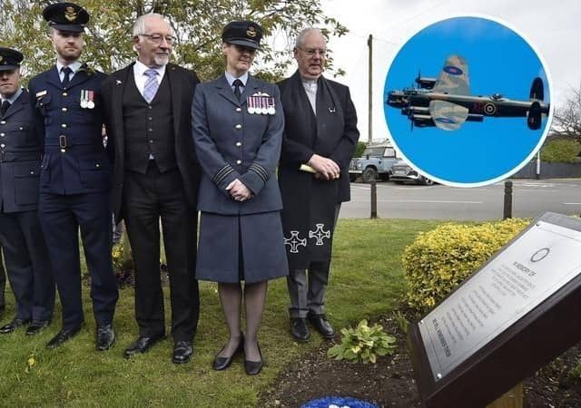 Revd Mike Jones, Sqn Ldr Jane Mannering from 57 Sqn, Cllr Barry Wainwright, Flt Lt Adam Evans, Australian Defence Staff and Flying Officer Tom Longdon from 57 Sqn at the memorial for the crew who lost their lives in the Eastrea Lancaster crash. Inset - the Battle of Britain Memorial Flight's Lancaster - similar to the one flown by the crew