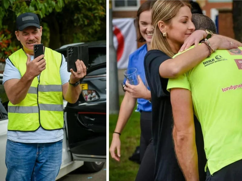 Left: Supporter Michael Moody, films Greg at the finish line. Right: Greg hugs his wife.