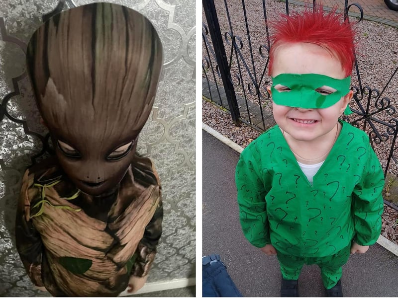Hugo Hiom-Richardson, four, as Groot; and Lewis Hall, five, as the Riddler.