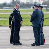 HRH Prince of Wales is greeted at RAF Coningsby by Lord Lieutenant of Lincolnshire Toby Dennis and RAF personnel.