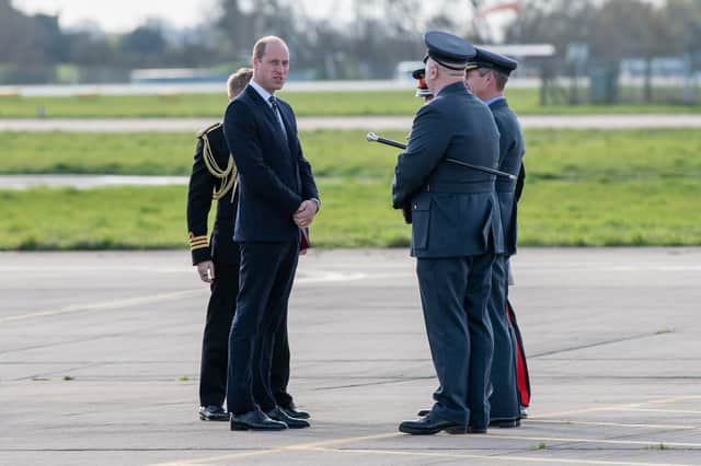 HRH Prince of Wales is greeted at RAF Coningsby by Lord Lieutenant of Lincolnshire Toby Dennis and RAF personnel.