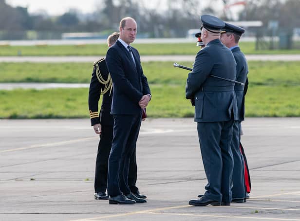 HRH Prince of Wales is greeted at RAF Coningsby by Lord Lieutenant of Lincolnshire Toby Dennis and RAF personnel.
