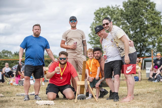 Team 'world champions' on trebuchet 6 with Roman Hall age 4 from Kirton. Photo: Holly Parkinson