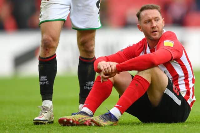Sunderland player Aiden McGeady reacts dejectedly after the Sky Bet League One Play-off Semi Final 2nd Leg match between Sunderland and Lincoln City  at Stadium of Light.