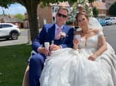 Shan Chapman and Max Foreman in the trishaw that took them to their reception at Shaxfest.