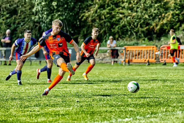 Harry Limb converts from the spot at Ashby Ivanhoe - photo: Steve Davies