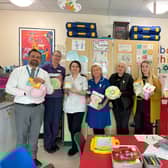 Team from BT Lincoln donating Easter Craft Kits to staff at Rainforest Children's Ward, Lincoln County Hospital.