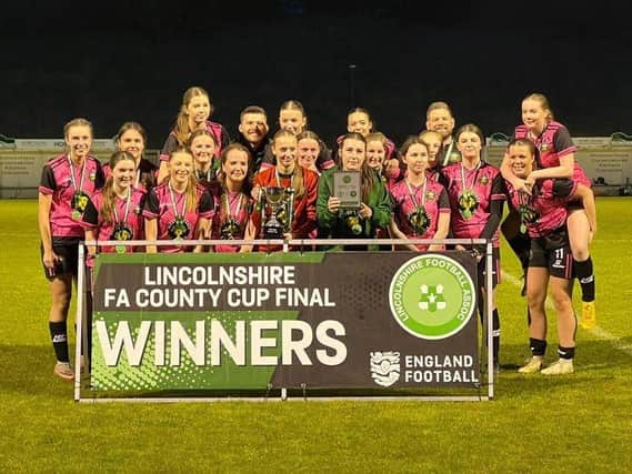 Sleaford Town JFC U16 Belles celebrate their cup win. Photo: Lincolnshire FA.