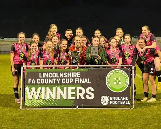 Sleaford Town JFC U16 Belles celebrate their cup win. Photo: Lincolnshire FA.