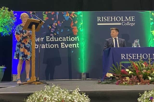 Chair of Governors Angela Moran and Principal and Chief Executive Danny Metters on stage at the Riseholme College celebration day.