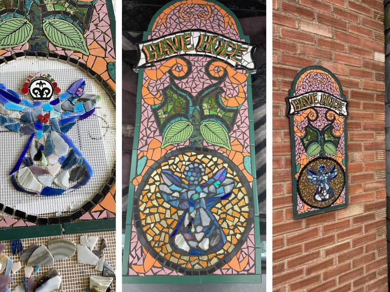 The making of a mosaic created in memory of Lilia Valutyte and the finished piece on display in Fountain Lane. Lilia's mum Lina learnt how to make mosaics for this tribute.