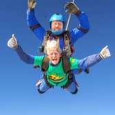 85-year-old Mary Clover skydiving in 2021.