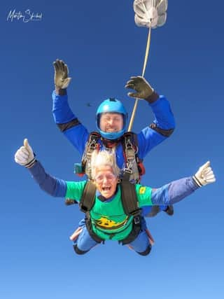 85-year-old Mary Clover skydiving in 2021.