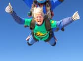 85-year-old Mary Clover skydiving in 2021.