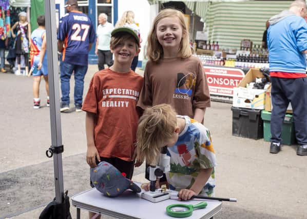 Having a look at Nature Labs, from left:Teddy Farr, 6, Archie Farr, 10, and George Farr, 4. Photos: Holly Parkinson