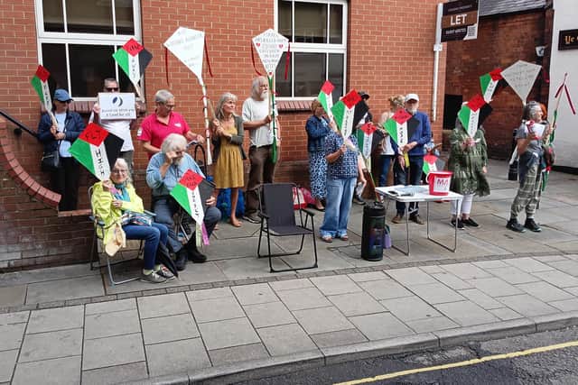 Kites are flown in Louth town centre by activists campaigning for peace in Palestine after the killing of children in Gaza.