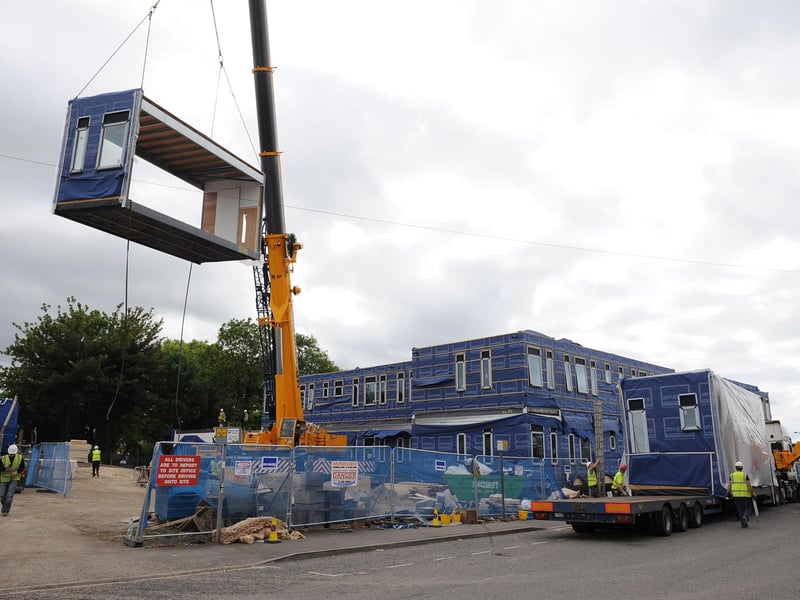 A scene from the construction of a new free school in Boston. Boston Pioneers Free School Academy was being built on the site of the former Ford garage, in Fydell Crescent. The modules pictured had been shipped over from Ireland.