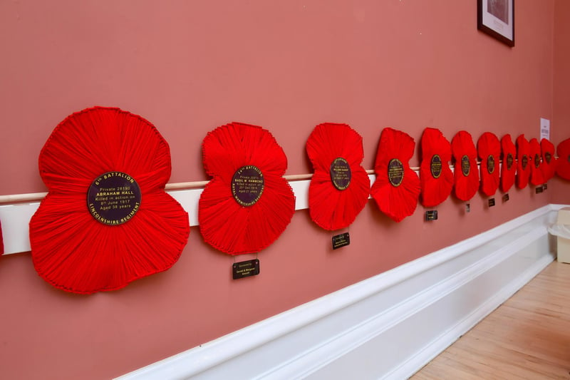 Poppies  bearing the name of Alford's war heroes surround the hall in the Corn Exchange.