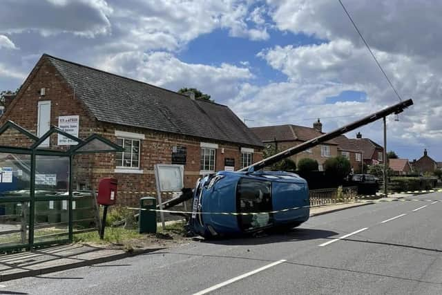 The aftermath of an accident in which a vehicle smashed into the bus stop in Orby.