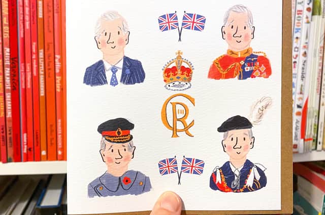 Lucy Dillamore's illustrations of King Charles III on a greeting card.