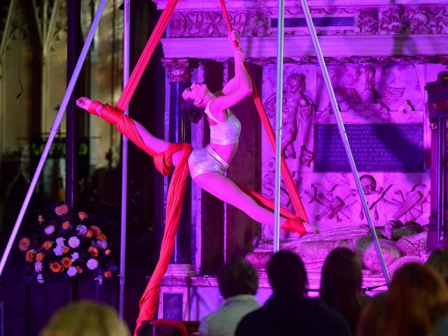 Aerial silks stunts from Autumn Fun by Circus Starlight, in St Denys' Church.