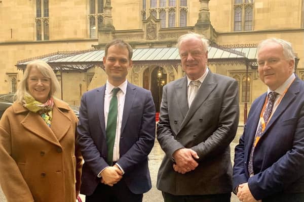 Lincolnshire leaders in Westminster to lobby for sale of RAF Scampton. From left, West Lindsey District Council deputy leader, Coun Lesley Rollings, Lincoln MP Hamish Falconer, Gainsborough MP Sir Edward Leigh, and West Lindsey District Council leader Coun Trevor Young