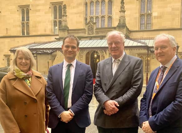Lincolnshire leaders in Westminster to lobby for sale of RAF Scampton. From left, West Lindsey District Council deputy leader, Coun Lesley Rollings, Lincoln MP Hamish Falconer, Gainsborough MP Sir Edward Leigh, and West Lindsey District Council leader Coun Trevor Young