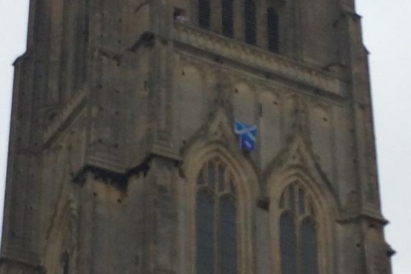 The Saltire draped over the side of the Boston Stump, telling people to vote ‘yes’ in the following week's Scottish Independence referendum. The flag was hung onto drainage pipes about six feet below the viewing balcony on the Market Place side of the tower by a member of the public. Stump officials were unaware of the incident until alerted by The Standard’s reporter, after which the flag was swiftly removed. In a statement, church officials said: “As a House of God, somewhere where peace and calm is held, we remain neutral in all respects of conflict whether it be political or violent." The identity of the person behind the stunt was not known, the paper reported.