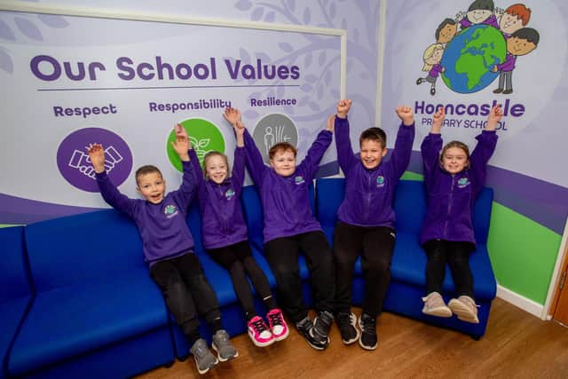 The school's newly revamped reception area depicting the school values.