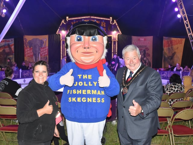 Thumbs-up for the new season - Carolyn Roberts, the Jolly Fisherman and Mayor of Skegness Coun Pete Barry.