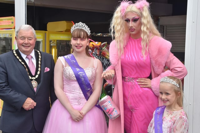 Mayor of Skegness Coun Pete Barry with Carnival Queen Summer Ellis, local celebrity Jenna G, and Carnival Princess Meeka Ellis.