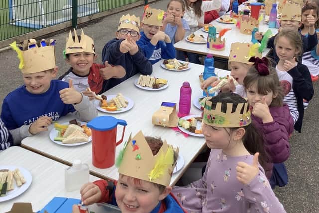 Chestnut Street School pupils in Ruskington enjoying their street party lunch for the Queen's jubilee.