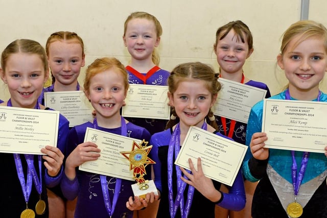 Youngsters from Horncastle's Banovallum Gymnastics Club celebrating their success in the 2014 Lincolnshire Primary Schools Floor and Vault championships. Pictured are members of the U9s team.