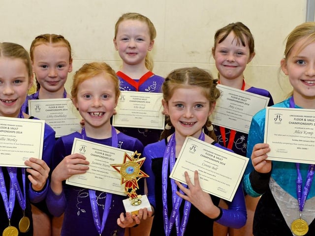 Youngsters from Horncastle's Banovallum Gymnastics Club celebrating their success in the 2014 Lincolnshire Primary Schools Floor and Vault championships. Pictured are members of the U9s team.