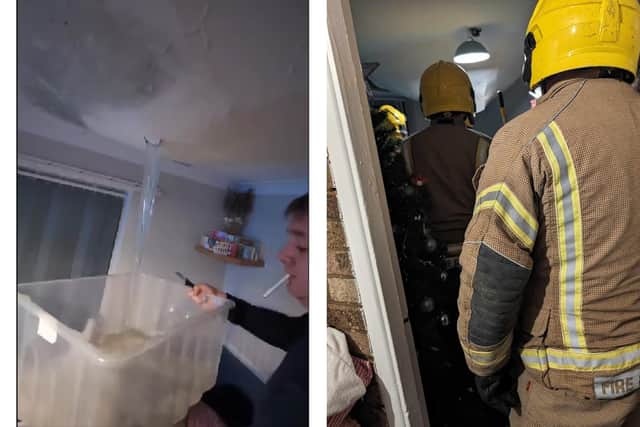 Images of water pouring out of a hole poked into the huge ceiling bulge, and of local firefighters later attending the flat.