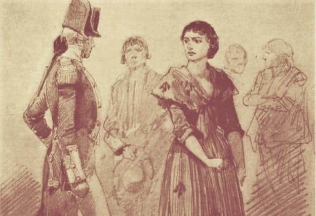 A 19 th century engraving of a female convict for transportation.