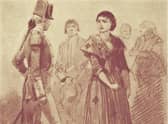A 19 th century engraving of a female convict for transportation.