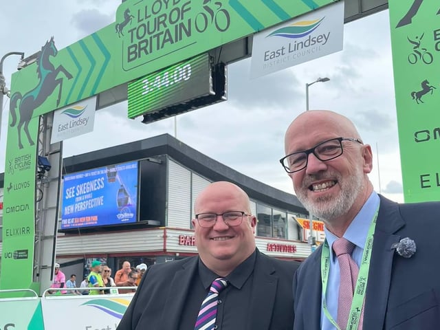 Leader of ELDC, Coun Craig Leyland, right, with leader of Boston Borough Council, Coun Dale Broughton at the finish line.