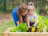 Nursery practitioner Beth Cooper pictured harvesting some vegetables from the Owl Garden with one of the pupils.
