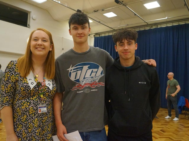 Head of English Sarah Peacock was singled out for thanks by Charlie Branch, centre, who said he didn't expect to pass anything, but has got the grades to head to Lincoln College to study carpentry and joinery. Jamie Walker, right, said he was 'buzzing' about his results having really knuckled down in the last three or four months. He will also be heading to Lincoln, but for Sports Studies, in a bid to get into coaching.