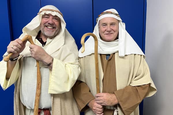 Shepherds at rehearsals of the Nativity Mime.