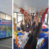 The Mission Christmas bus parked outside Chattertons' office in Wide Bargate, Boston on December 4 to collect gifts.