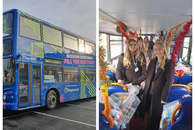 The Mission Christmas bus parked outside Chattertons' office in Wide Bargate, Boston on December 4 to collect gifts.