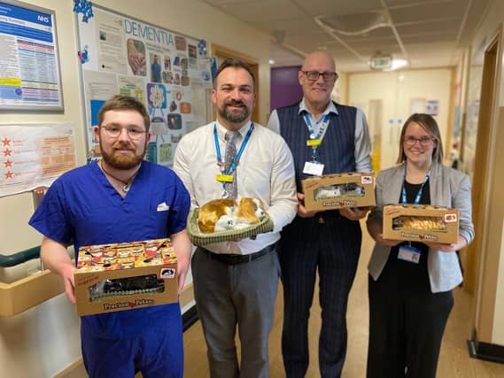 Pictured with some of the pets are Dementia Practitioner Alex Sneade, Charity Manager Ben Petts, Group Director of Safeguarding and Patient Experience Craig Ferris and Safeguarding and Vulnerabilities Nurse Specialist for Dementia Zoe Chapman