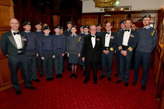 Cadets from the RAF section at King Edward VI Grammar School, Louth, providing a guard of honour for Flt Lt (Retd) Colin Bell DFC, a former Mosquito Pathfinder pilot.