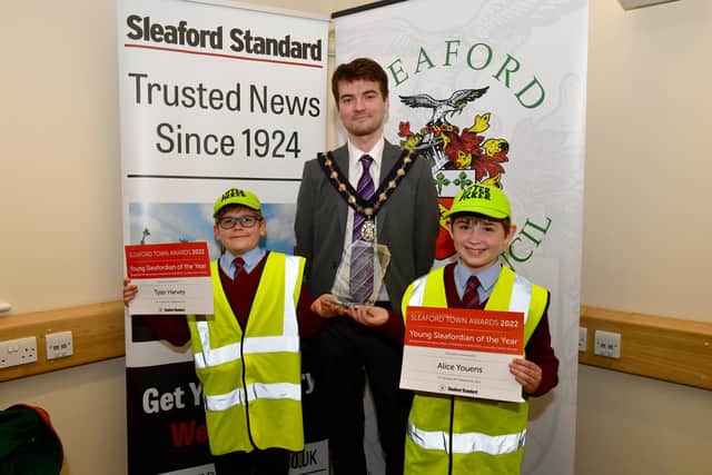 Young Sleafordians of the Year Alice Youens and Tyler Harvey with deputy mayor James Thomas.