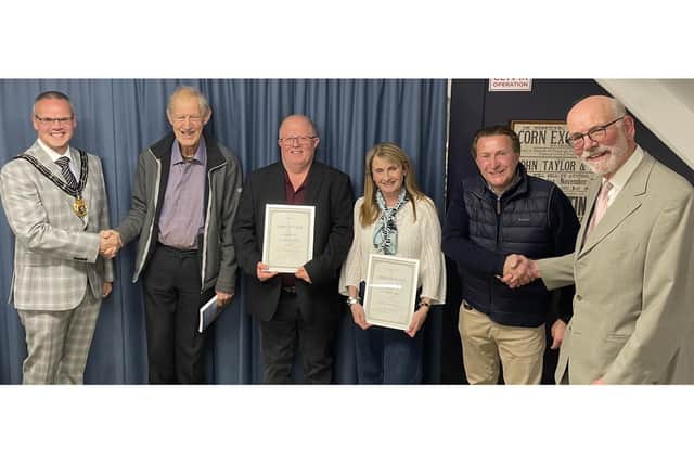 Smiling with Pride: From left to right, Darren Hobson, Mayor of Louth, Mick Foreman, Jerry Gale, Trish and Nick Jagger, and Dr Richard Gurnham.