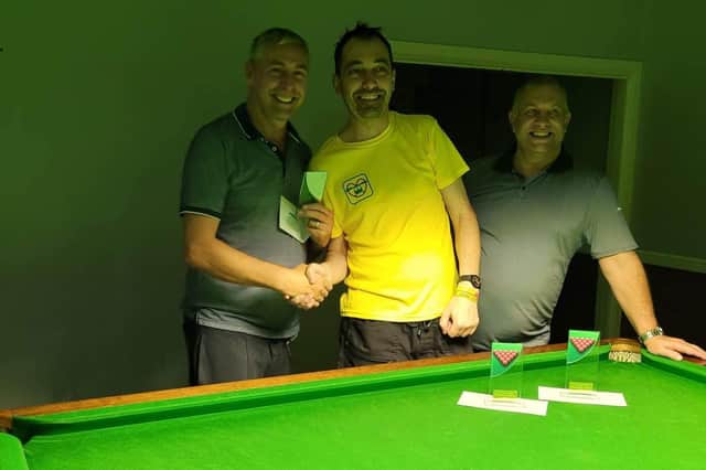 From left - snooker tournament winner Steve Caithness, Anthony Wood and runner up Dave Corder.